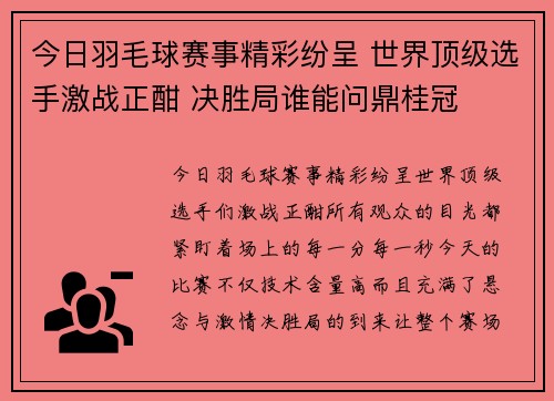 今日羽毛球赛事精彩纷呈 世界顶级选手激战正酣 决胜局谁能问鼎桂冠